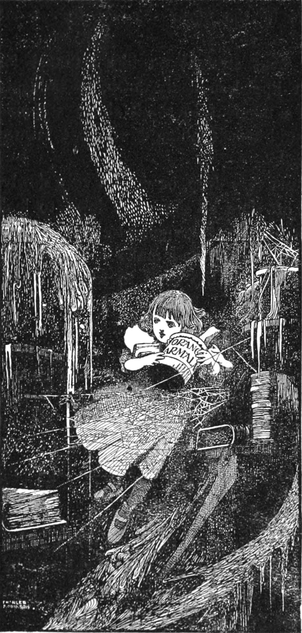 Alice reading in a shadowy forest, illustrated by Charles Robinson