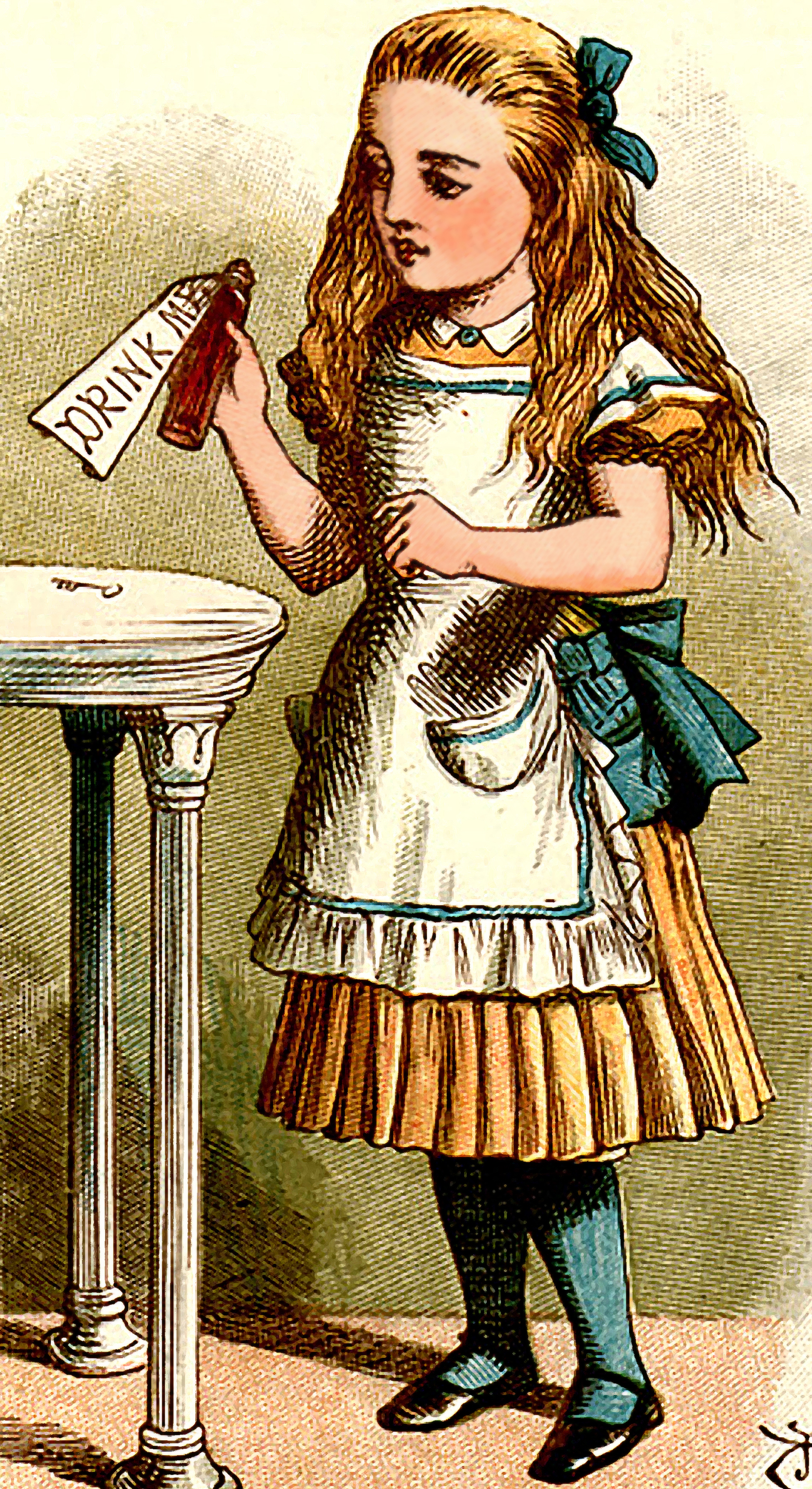 Alice holding the Drink Me bottle, illustrated by John Tenniel