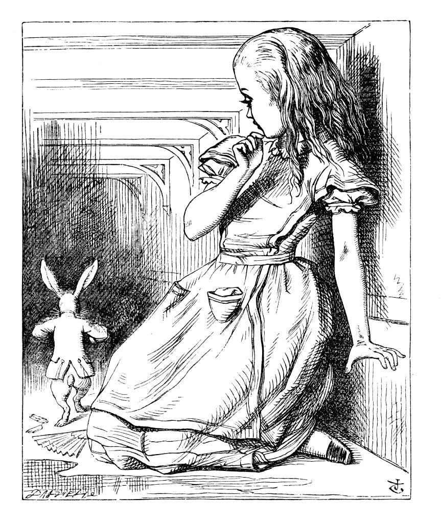 Alice watching the White Rabbit escape, illustrated by John Tenniel