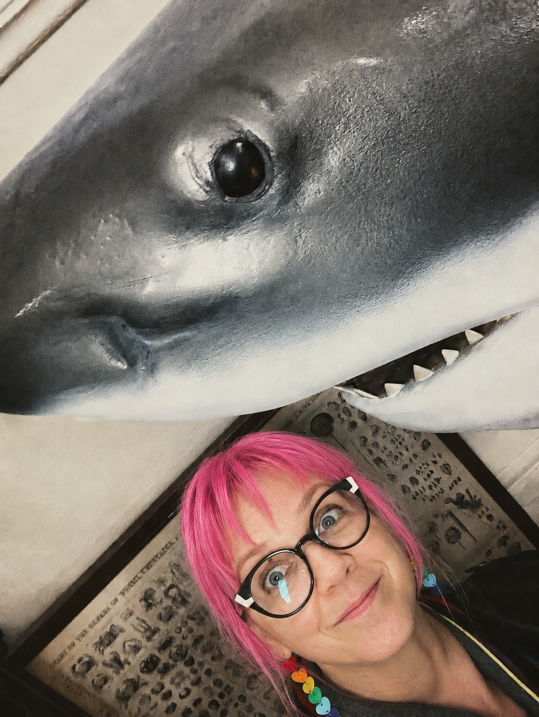 Artistic Disorder founder Shayde Douglas with a large shark model